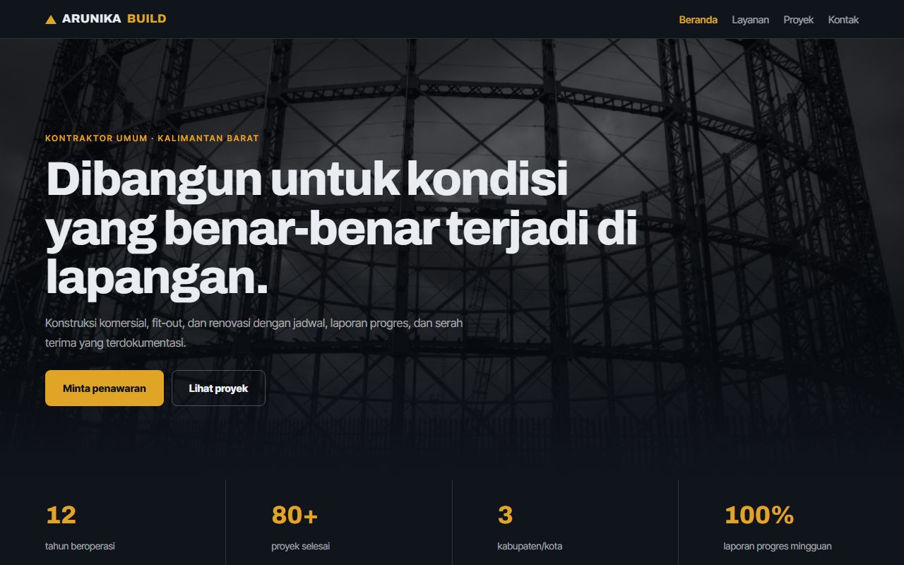 Halaman depan situs Arunika Build