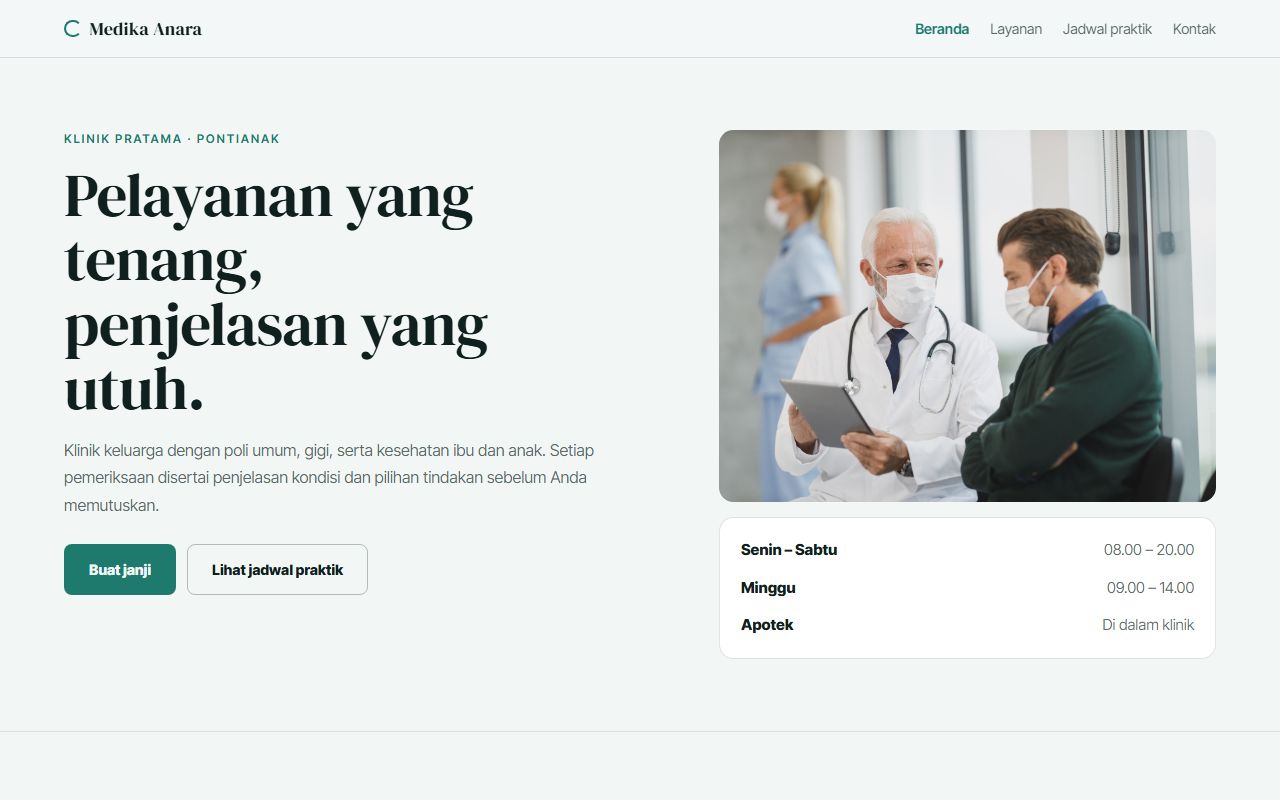 Halaman depan situs klinik Medika Anara